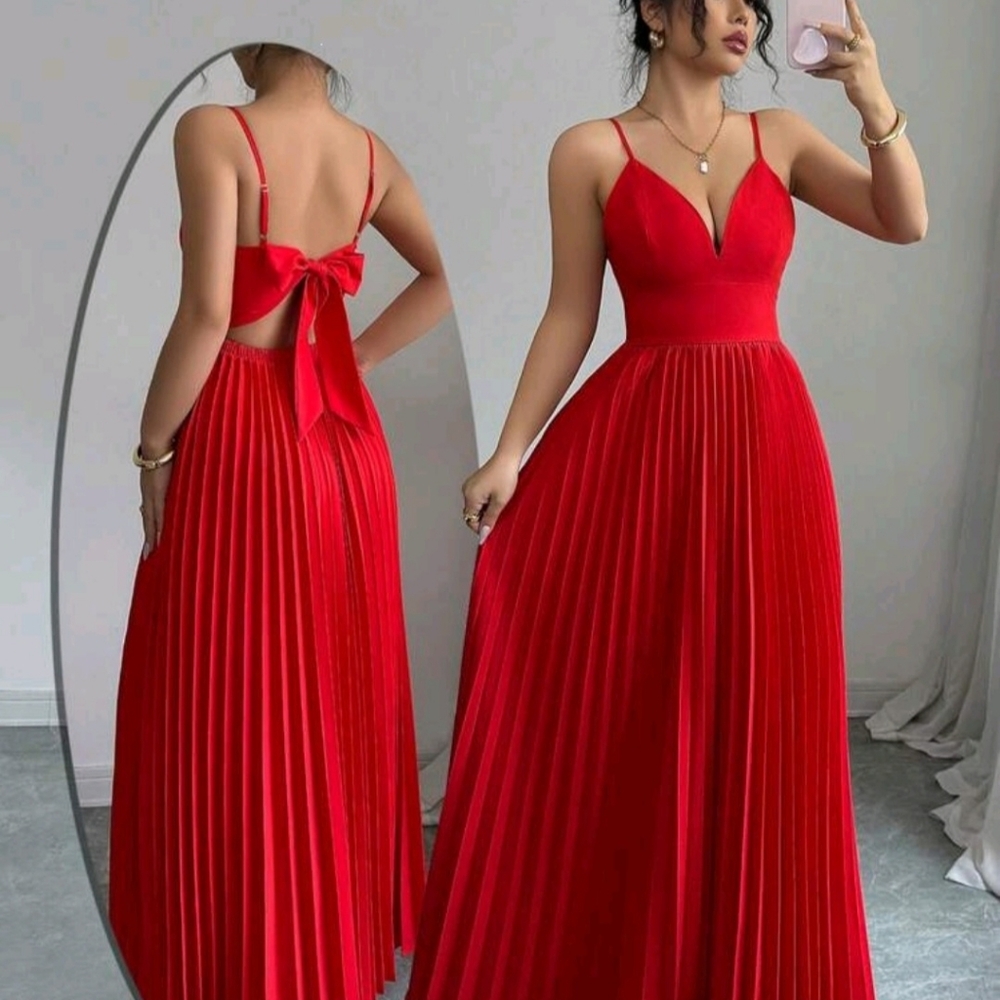 Red Backless Pleated Maxi Dress with Bow Tie